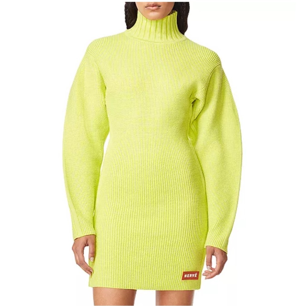 Herve Leger Neon Yellow Ribbed Turtleneck Mini Dress
